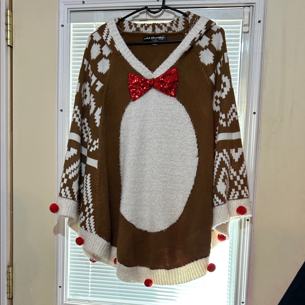 EUC United States Sweaters Brown and White Poncho with Red Details